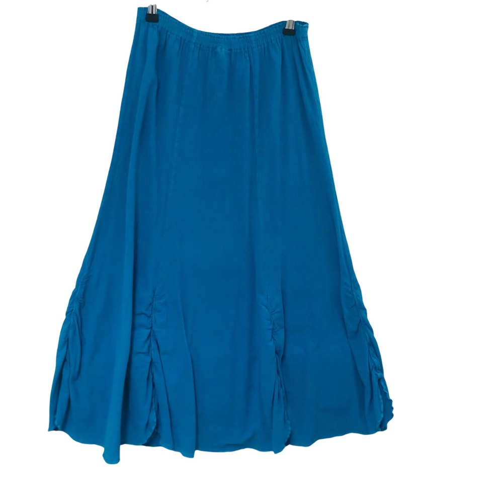 Cottonways 1 Gauze Ruched Midi Maxi Skirt Aqua Lagenlook Coastal Boho Womens S/M